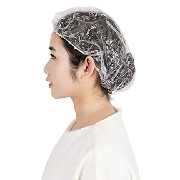 Zhuge Gorros de ducha desechables, paquete de 100, gorros de plástico gruesos y grandes, impermeables, para tratamiento del cabello, para spa, peluquería, multiusos, transparentes