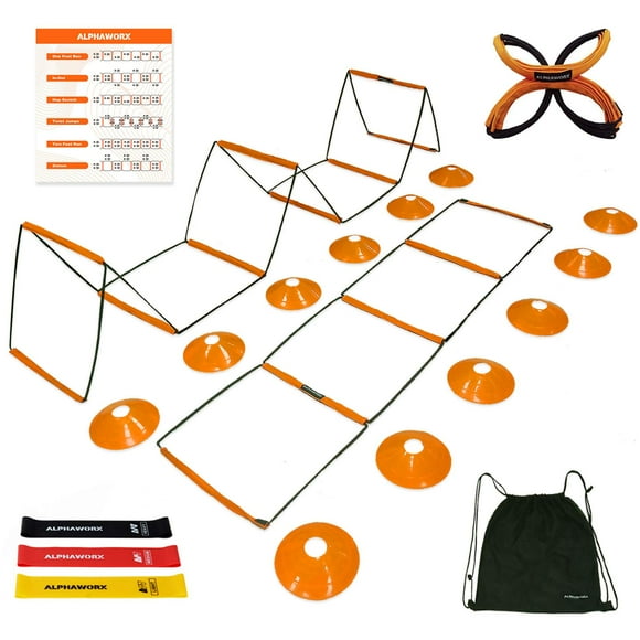 Escalera de agilidad ALPHAWORX, todo en uno, plegable con 12 conos y correas