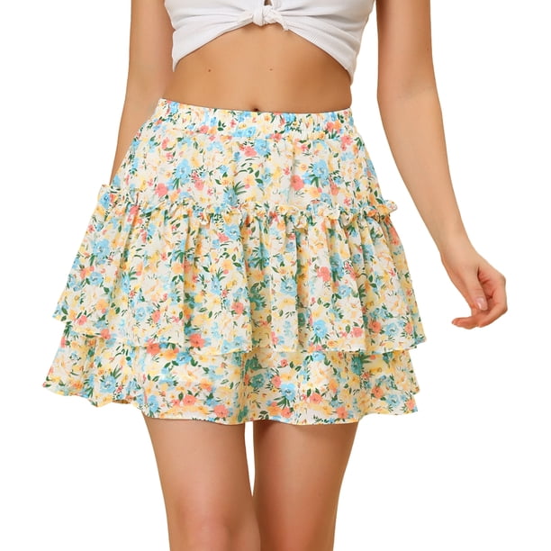 AllegK MinifalPaMujer Faldas Cortas Con Volantes Florales De Verano De CintuAlLindas Blanco Flores rosas amarillas L