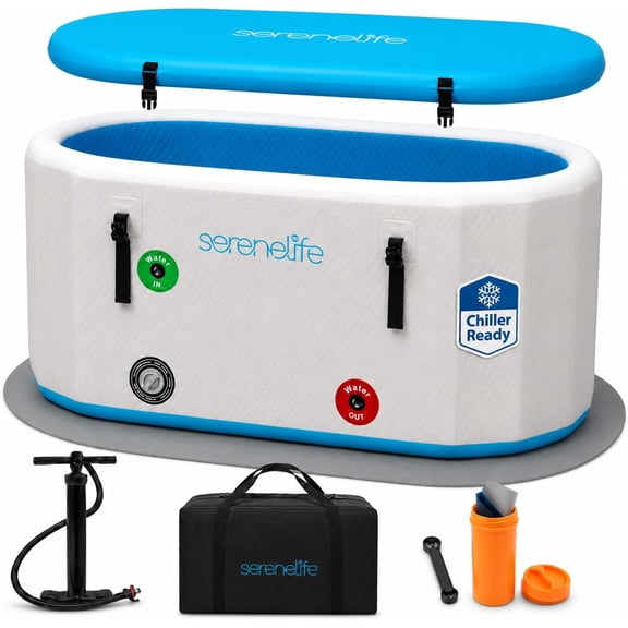 SereneLife Inflatable Cold Plunge Tub Ice Bath, 216 Gal One Person Ice Bath Tub with Lid, Drop Stitch PVC, Double Layer Seals, Heavy Duty Cold Plunge Therapy Recovery Pod for Athletes