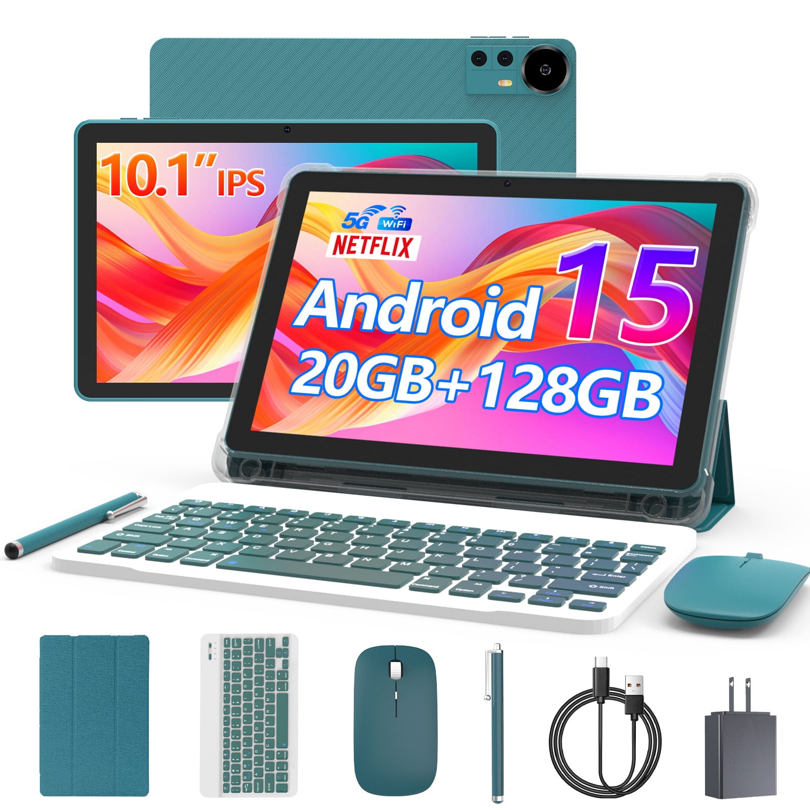 CUPEISI Android 15 Tablet 10 Inch, 20GB RAM+128GB ROM/2TB Expandable, 2.0GHz Quad-core Processor, 1280*800 IPS HD Screen, 5G WiFi 6 BT 5.0, 2 in 1 Tablets with Keyboard Case Mouse Stylus, Widevine L1
