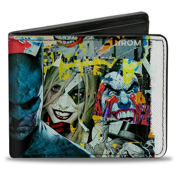 DC Comics Wallet, Bifold, Batman and Gotham City Villains Torn Faces Graffiti Collage, Vegan Leather