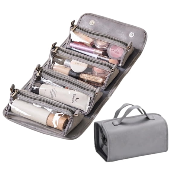 Travel Toiletry Bag 4 Detachable Clear Multi Compartment Hanging Makeup Bag Leather 4 in 1 Roll Up Large Capacity Compact Waterproof Foldable Cosmetic Bag
