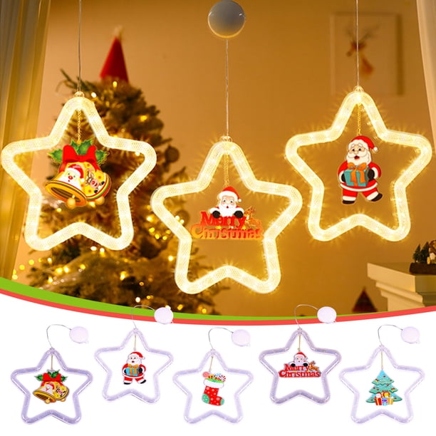 Luz LED de ventana Pentagram Running Horse - Decoración navideña colgante a pilas de 10,9 pulgadas con Papá Noel y muñeco de nieve grabados