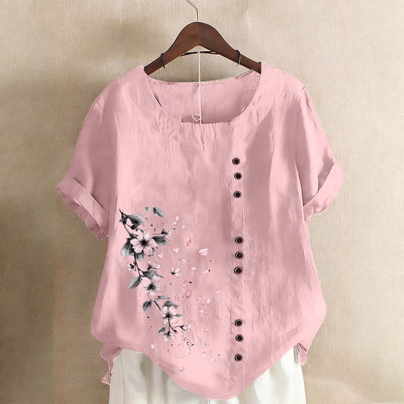 Vmvidoty 2026 Fresh Fashion Cotton Linen Vintage Oil Painting Style Bouquet Print Top for Women Spring And Summer Round Neck Short Sleeve Casual Button T-Shirt Pink S