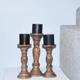 thumbnail image 2 of Handmade Mango Wood Eco-friendly Traditional Medium Burnt Set Of Three 9",12" & 9" Pillar Candle Holder, 2 of 7