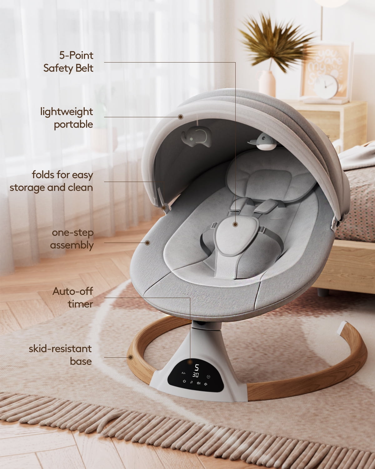 Babyomi Baby Swing for Infant, Electric Bluetooth Swing Rocker with 5 Sway Speeds& 10 nursery rhyme , Gray