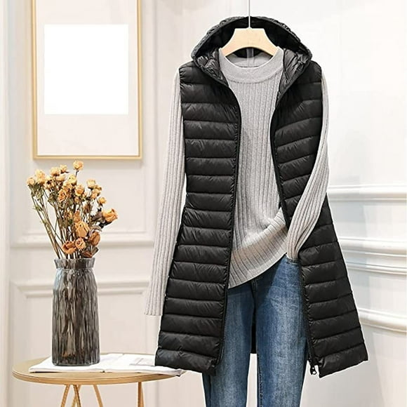 EQWLJWE Long Hooded Vest Women Down Vest with Stand Collar Thick Hooded Sleeveless Long Coats Jacket Puffer Vest for Women with Hood Winter Vests for Women Plus Size