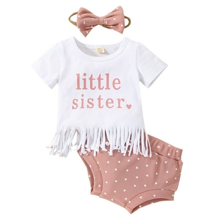 

Franhais Baby Girl Shorts Set Letter Fringe Hem Short Sleeve T-Shirt + Love Dotted Rib Triangle Shorts + Hairband