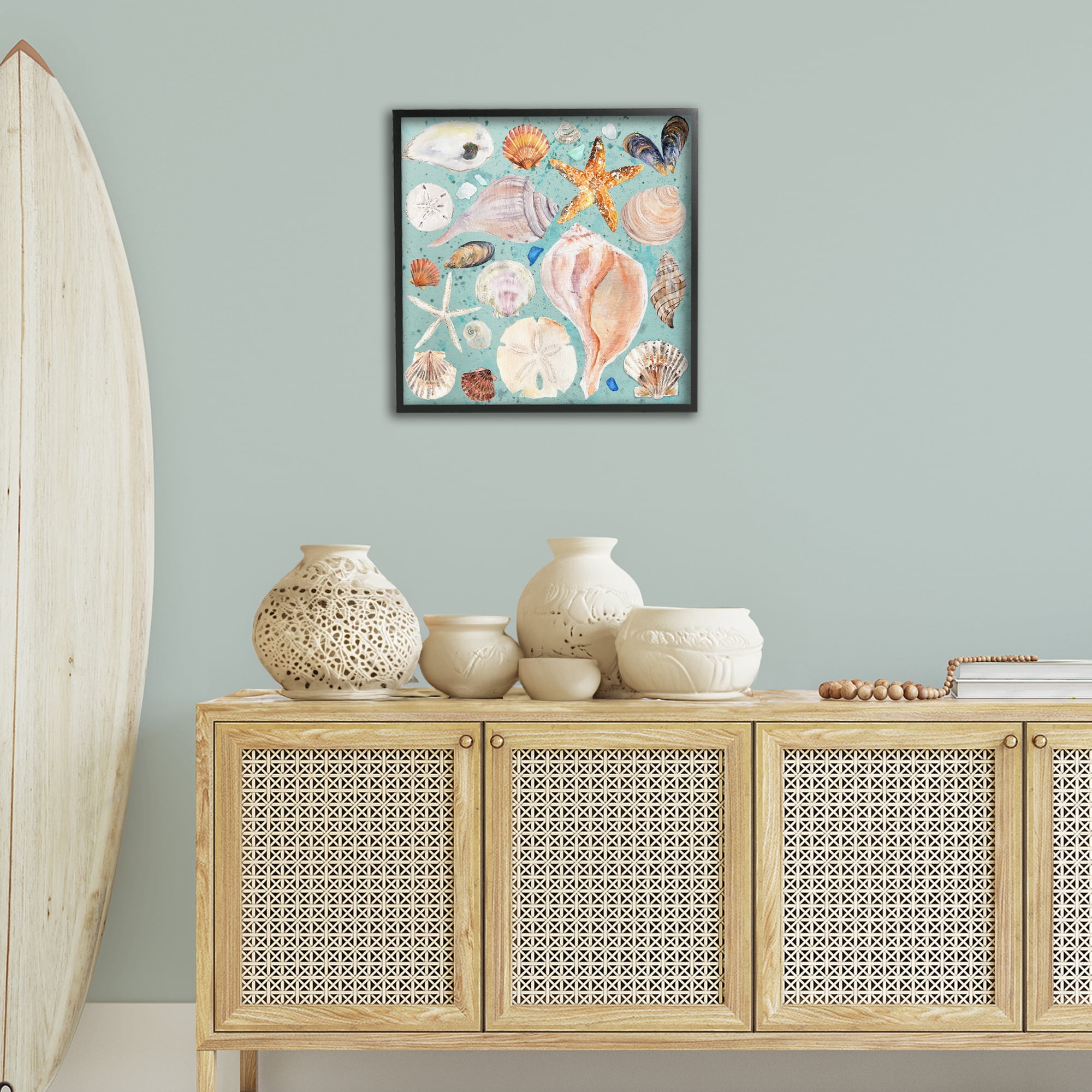 Stupell Industries Seashell Puzzle Pattern Coastal Painting Black Framed Art Print Wall Art, 24 x 24