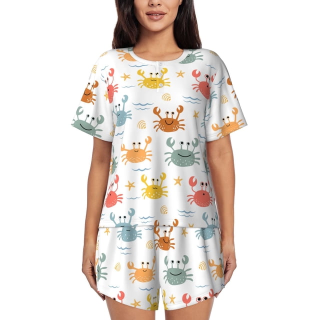 Fotbe Colorful Crabs Conjunto de Pijama Estampado para Mujer, 2 Piezas, Ropa de Dormir con Camiseta de Manga Corta y Shorts Suaves-Large