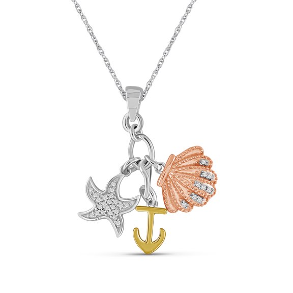 JewelersClub Silver Chain Necklace for Women – .925 Three Tone Sterling Silver Starfish, Anchor & Seashell Necklace with Sparkling Genuine Accent White Diamonds Stunning Silver Statement Necklace