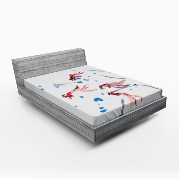 Ethnic Fitted Sheet, Chinese Traditional Ink Painting Koi Fish Artwork, Soft Decorative Fabric Bedding, Full Size, Red and Blue, by Ambesonne