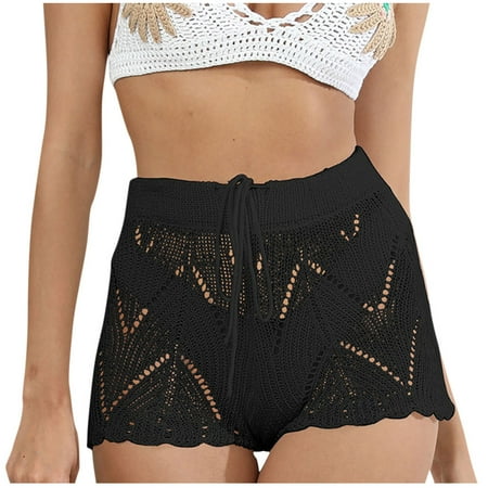 ShomPort Women s Hollow Out Crochet Bikini Cover Up Shorts Drawstring Elastic Waist Mini Beach Shorts