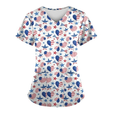 

Sksloeg Scrub Tops Women Patriotic Red White Blue Star Printed V-Neck T-Shirts Tee Scrubs Top with Pockets White S