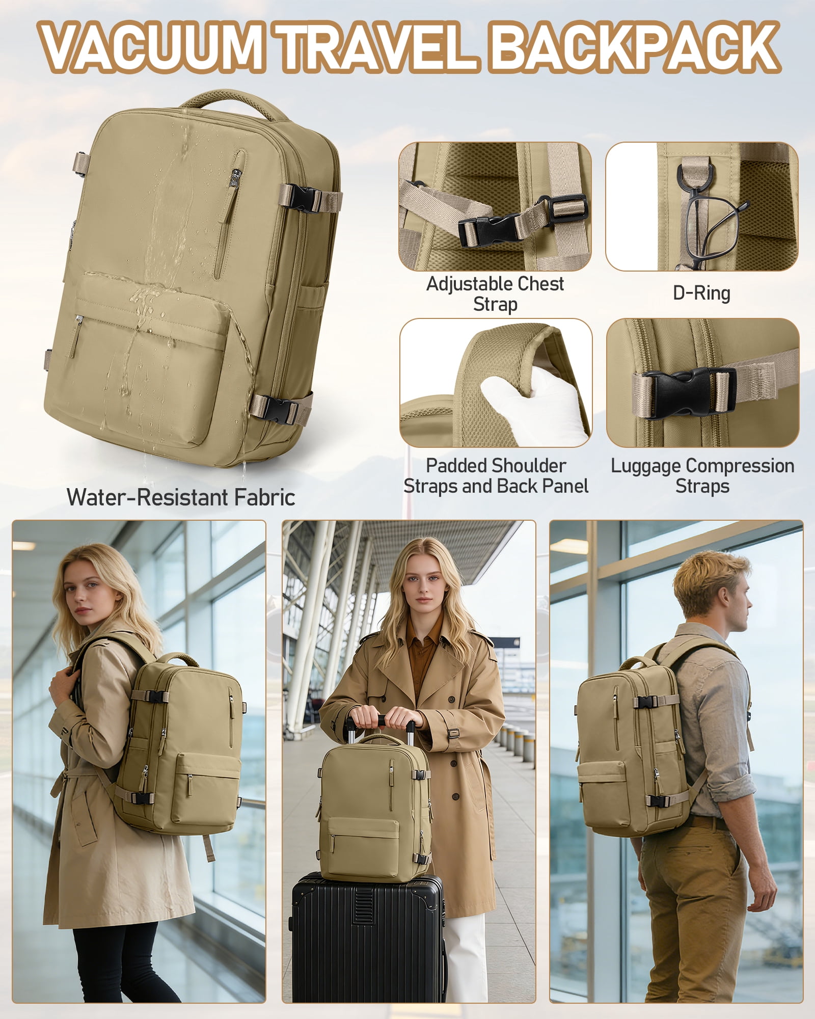 SYCNB Large Air Seal Travel Backpack for Men & Women, Airline Approved Vacuum Compression, Water-Resistant with Pump & Usb Port, 16 inch Laptop, Khaki