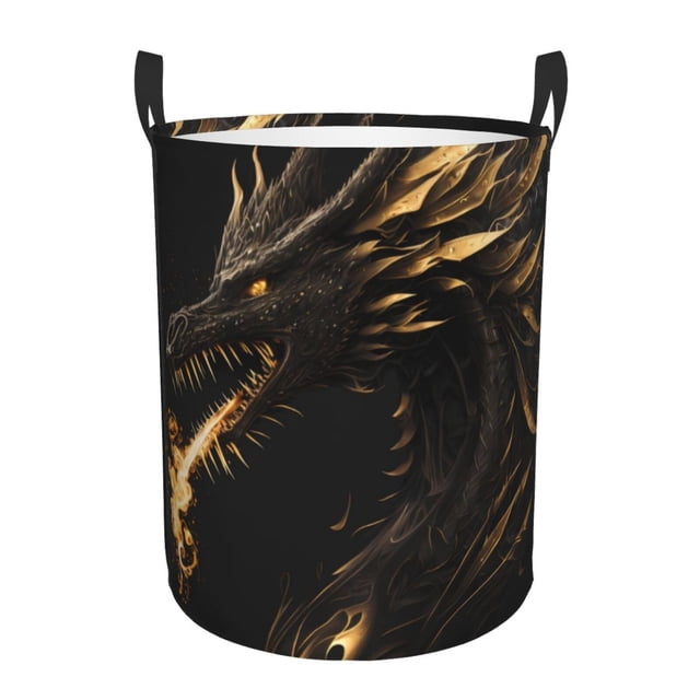 Fotbe Black And Gold Fire Dragon Cesto de Ropa con Asas, Cesto Impermeable de Gran Capacidad, Bolsa de Lavado para Dormitorio, Cesto de Ropa con Ruedas y Asas-Small