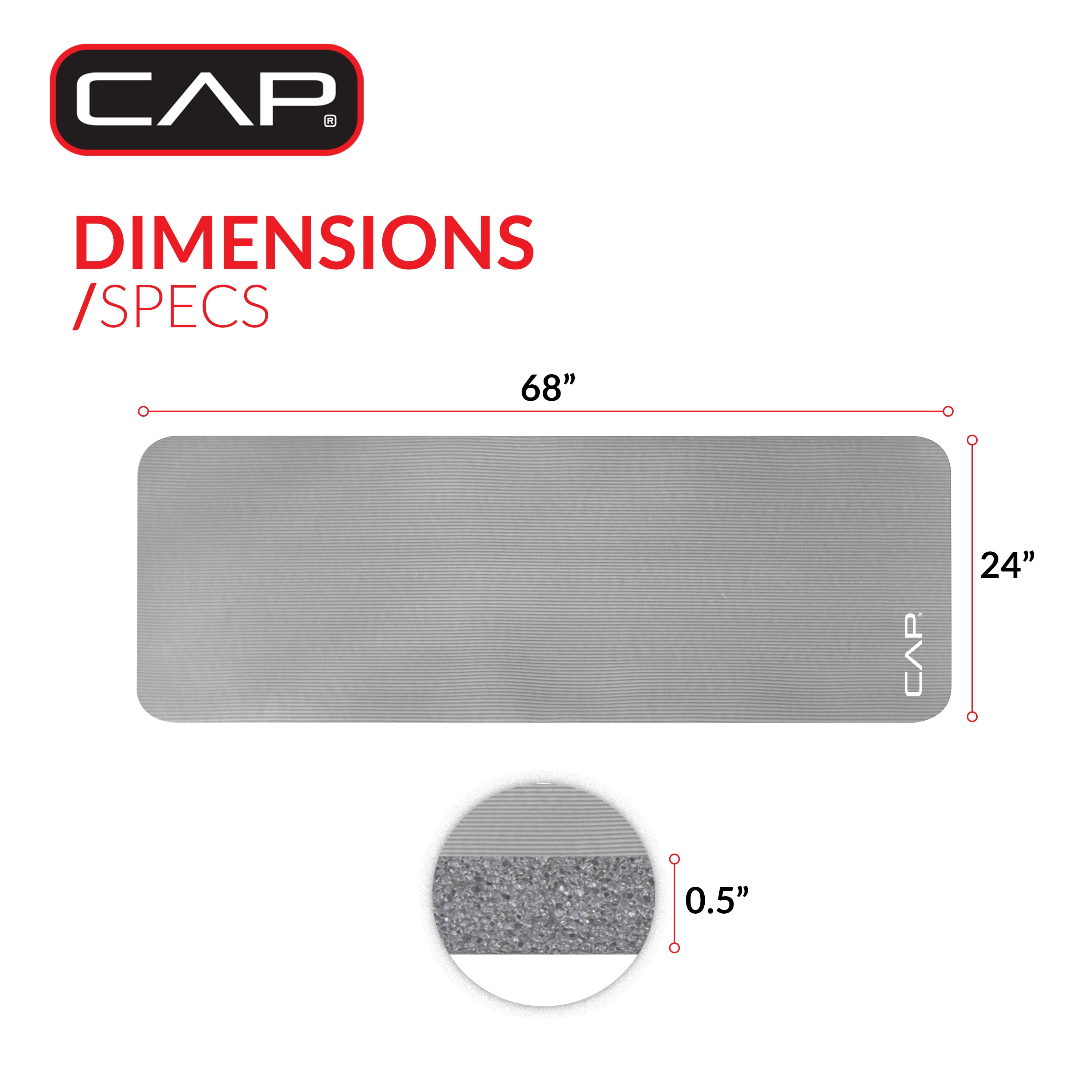 CAP 1/2" Thick Yoga and Exercise Mat with Carry Strap, 68" x 24", Gray
