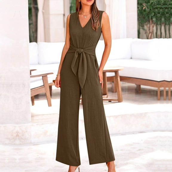 pstuiky Rompers for Women, Women Solid Color Wide Leg Long Pants With Pockets Straight Cotton Linen Pants Tight Stylish Plus Size Running Yoga Casual Pants Gift for Women Sale Brown S