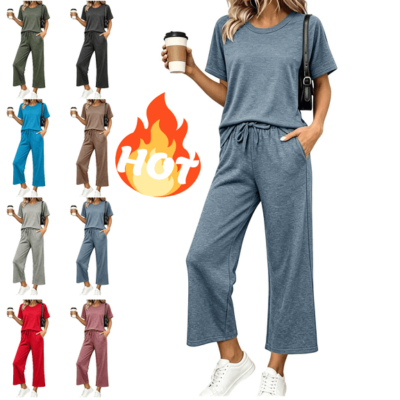 Mifsaly Summer Lounge Sets for Women Short Sleeve Crewneck T-Shirts and Drawstring Wide Leg Capri Pants with Pockets Lightweight Comfy Casual Matching Outfits Navy,XXL