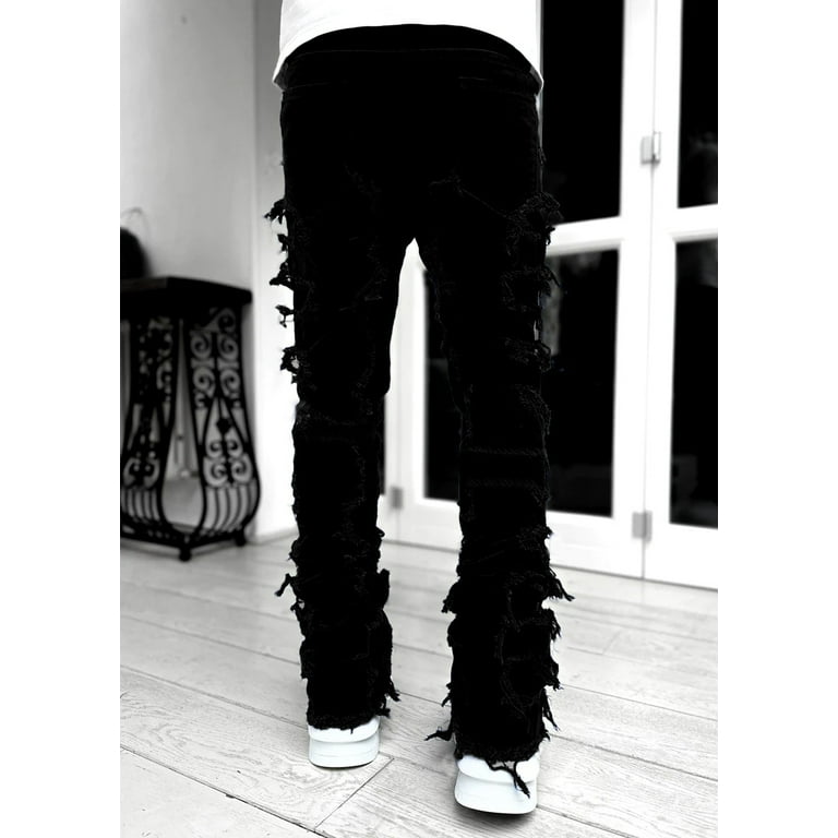 Men Regular Stacked Jeans Patch Distressed Destroyed Straight Denim Pants  Streetwear