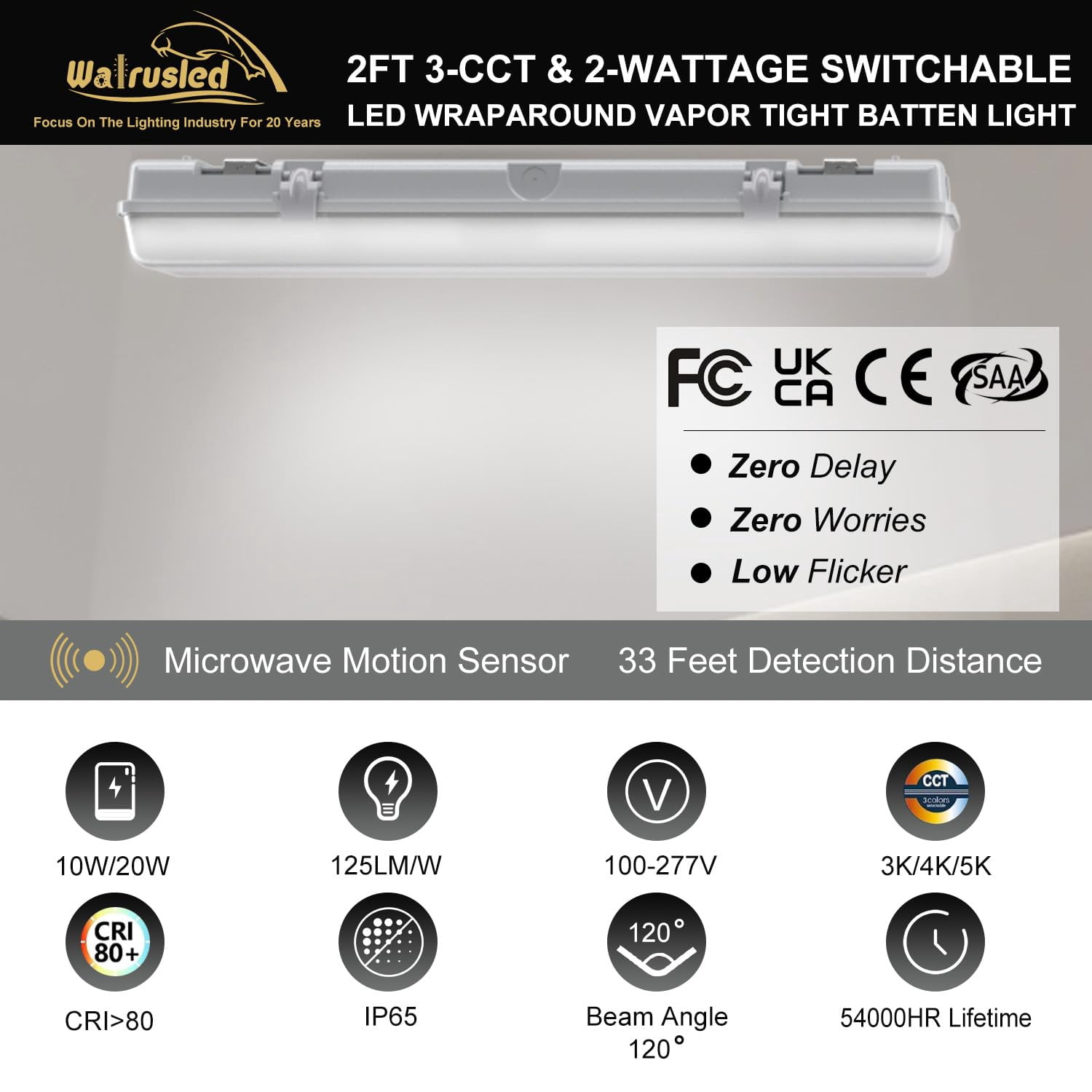 2FT Tri-Level Motion Sensor LED Vapor Tight Light, IP65 IK08, 10W(1250lm)/20W(2500lm), 3/4/5000K CCT Selectable, 100-277V, Dimmable, Outdoor Waterproof Shop Light, Vapor Proof Lighting Fixture, FCC
