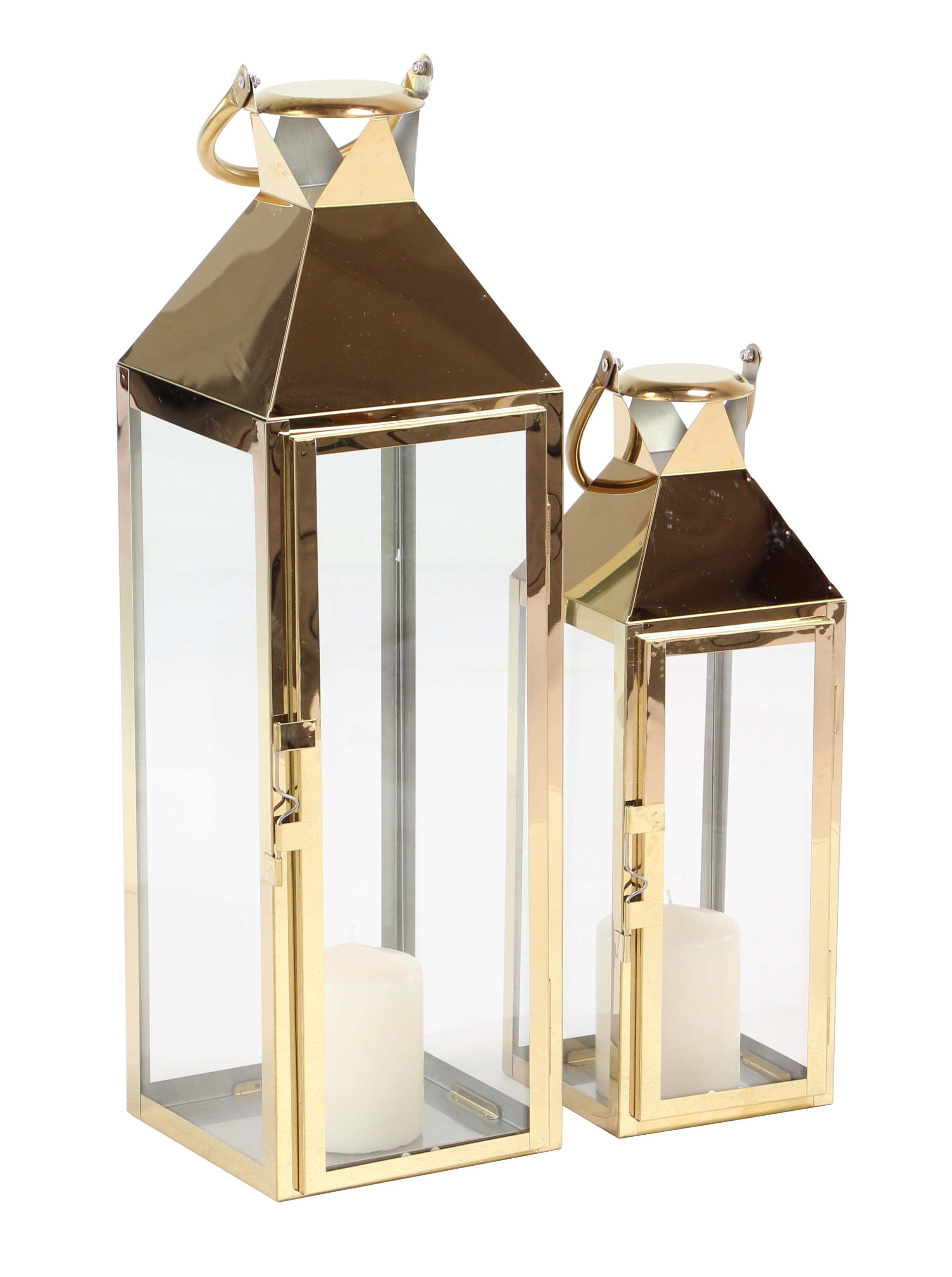 Decmode Set of 2 Gold Stainless Steel and Glass Lanterns, Gold