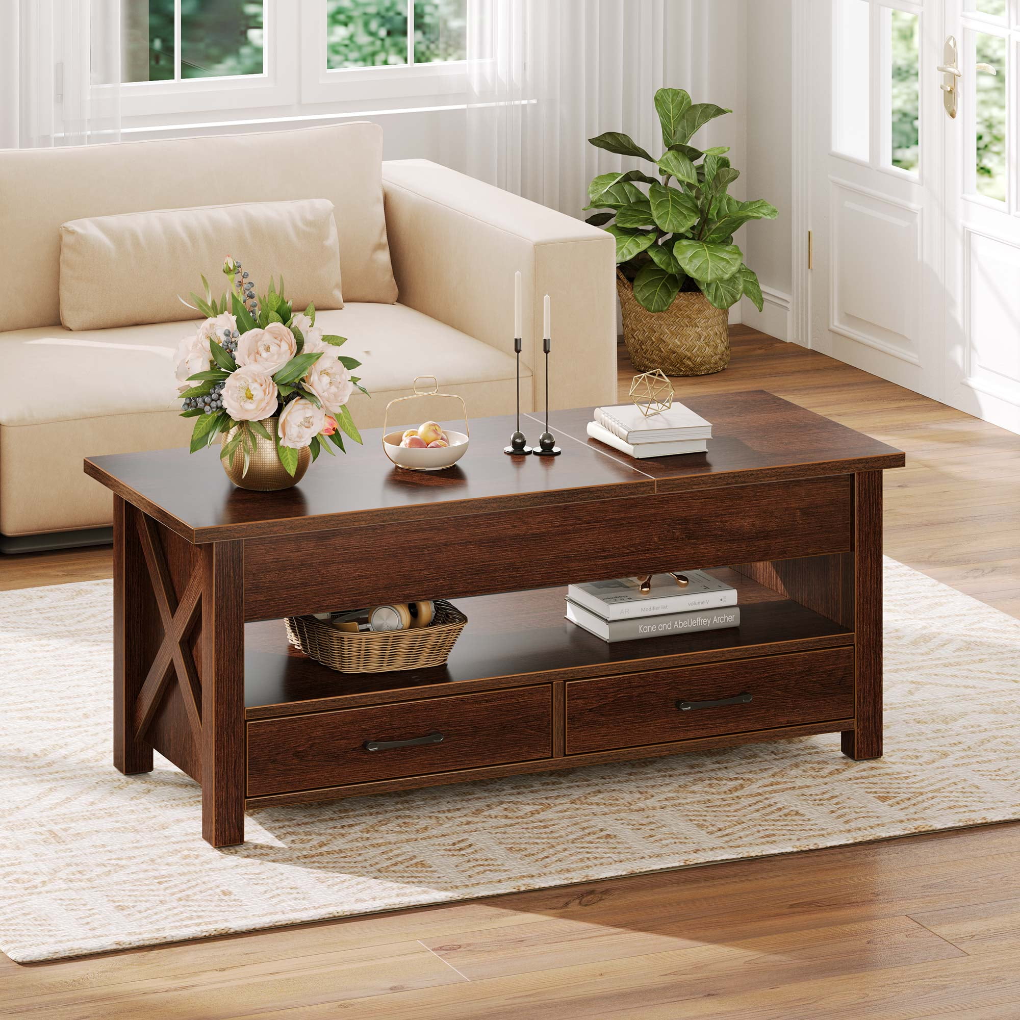 Greenstell Lift-Top Storage Coffee Table - Modern Style with 2 Drawers, Hidden Compartment & Wooden Lift Tabletop - Chestnut - 44"
