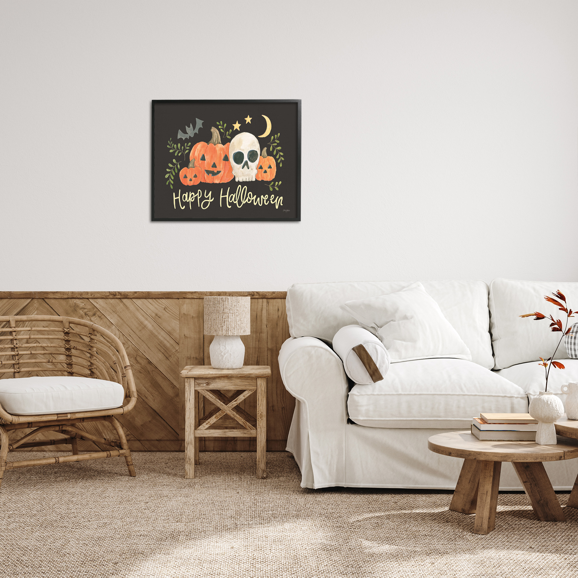 Stupell Industries Whimsical Happy Halloween Holiday Painting Black Framed Art Print Wall Art, 30 x 24