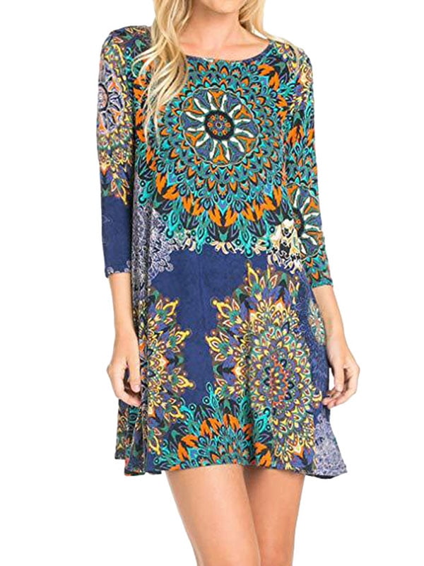 Women 3/4 Sleeve Floral Printed T Shirt Dress with Pockets