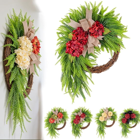 Generic Rustic Farmhouse Wreath with Linen Bow & Greenery, Double-Sided Door Hanger