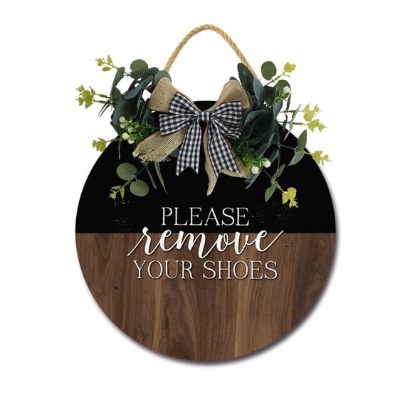 Eveokoki Please Remove Your Shoes Front Door Sign Funny Wreaths Hanging Wooden Plaque Decoration Round Rustic Wood Farmhouse Porch Decor for Home Front Door Decor, 11 x 11 Inch