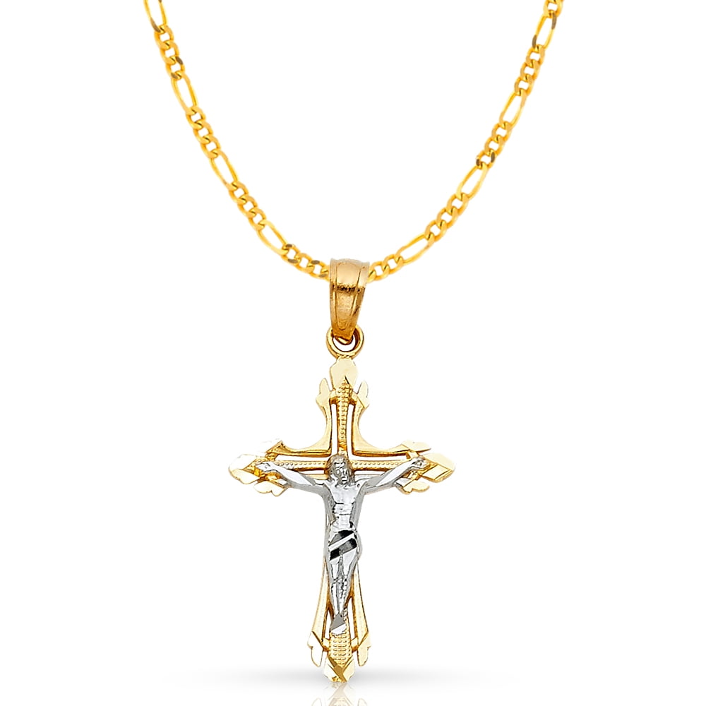 14K Yellow Gold Jesus Crucifix Cross Pendant with 2mm Figaro 3+1 Chain Chain Necklace 