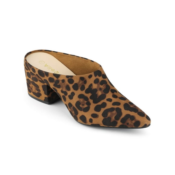BLISSFUL STEP Women's Slides Block High Heels Slip on Pointed Toe Slide Mules Leopard 9.5