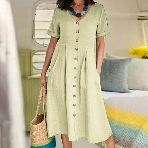 Women Summer Cotton Linen Dress Casual V-Neck Solid Short Sleeve Button Dress with Pocket Dresses for Women