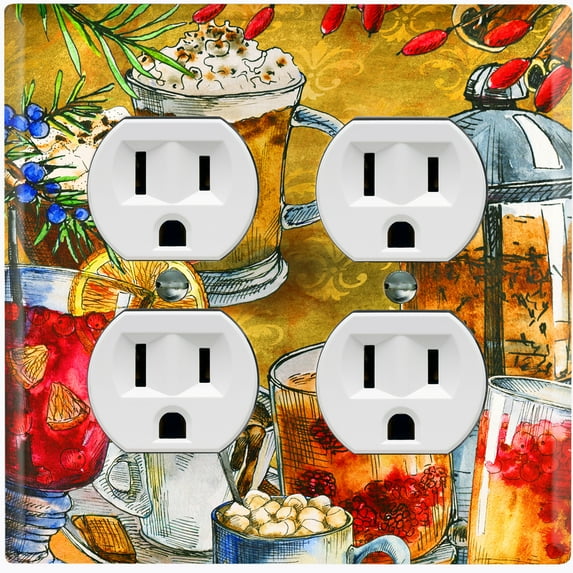 Metal Light Switch Wall Plate Outlet Cover (Coffee Tea Party Kettle Mocha Espresso Drinks - Double Duplex)