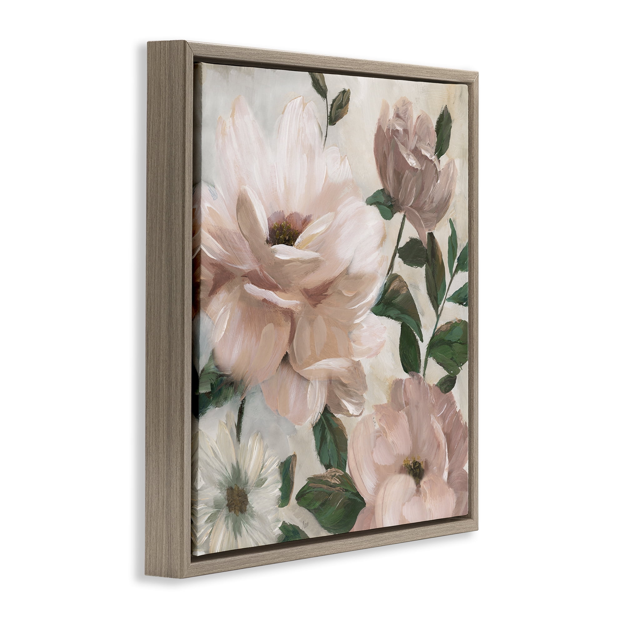 Stupell Industries Budding Blush Peonies & Leaves Brown Framed Floater Canvas Wall Art, design by Nan