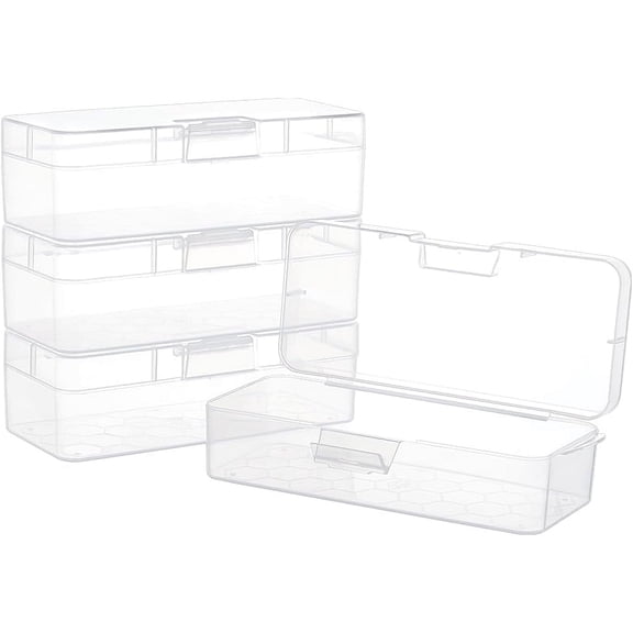4 Packs Rectangle Plastic Container Box 6.4x2.6x1.8inch Clear Storage Organizer with Hinged Lid and Hanging Hole for Small Craft Accessories Office Supplies Clear