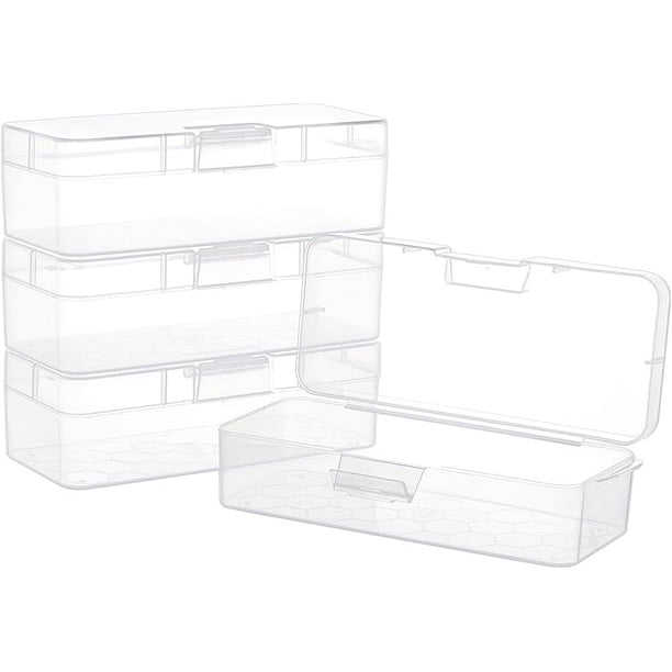Caja de plástico rectangular de 6,4 x 2,6 x 1,8 pulgadas, transparente, con tapa abatible y orificio para colgar, 4 unidades