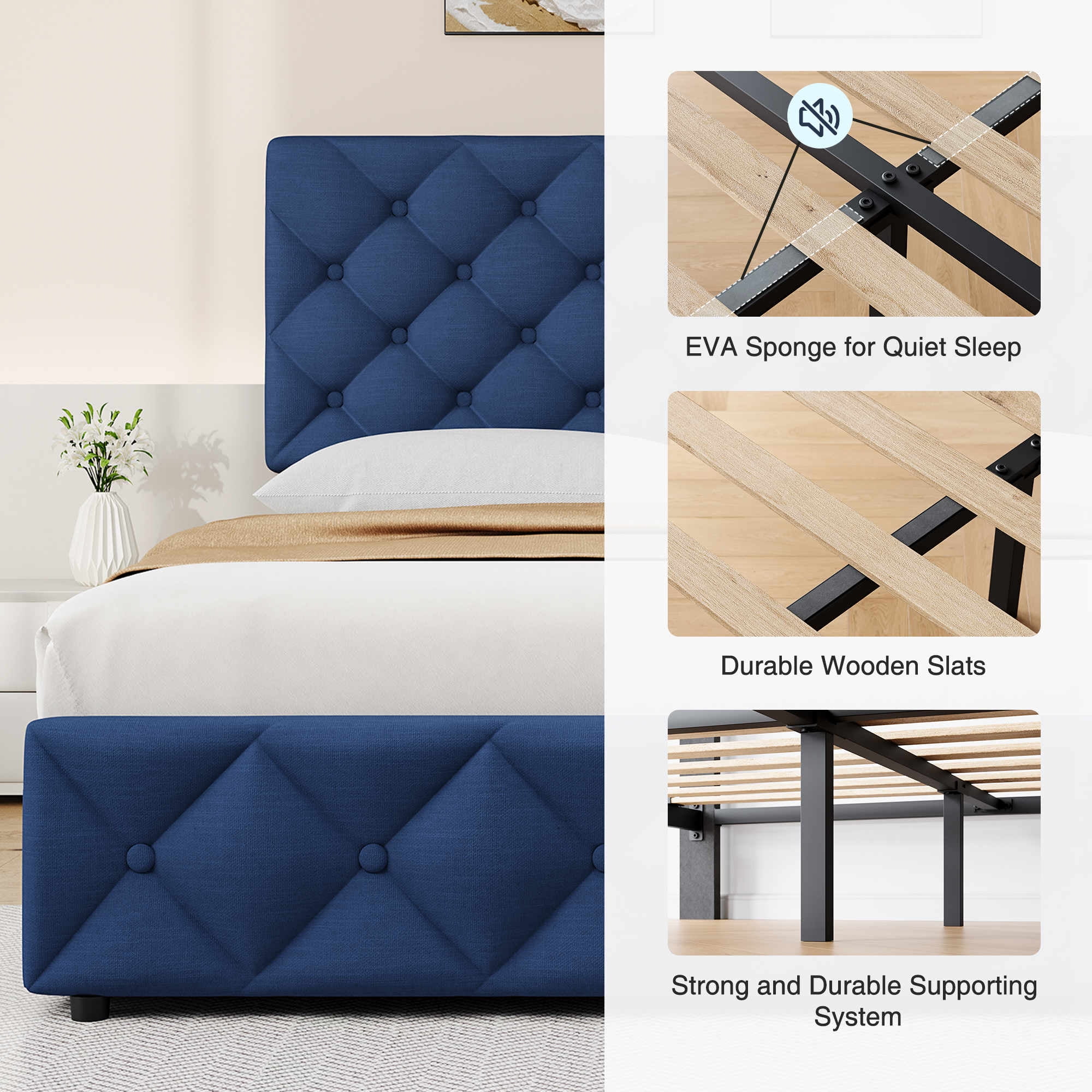 Full/Queen/King Size Bed Frame with 4 Storage Drawers and Headboard, Linen Upholstered Platform Bed Frame, Diamond Stitched Button Tufted, No Box Spring Needed, Easy Assembly