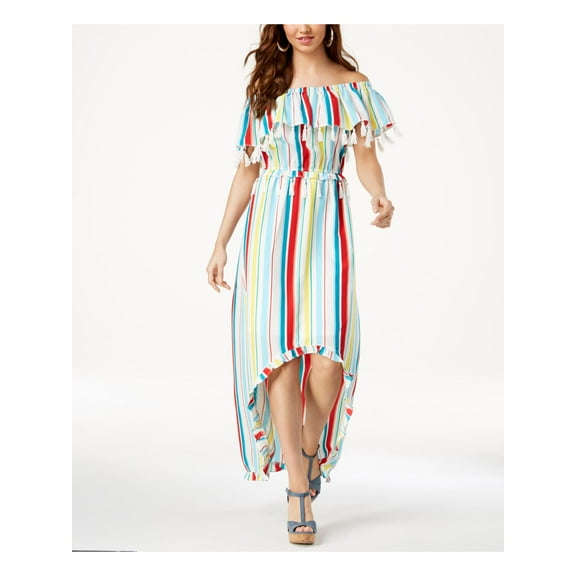 XOXO Womens White Striped Tassel Ruffle Short Sleeve Off Shoulder Maxi Dress Juniors L