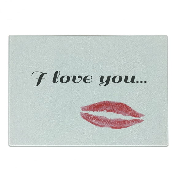 I Love You Cutting Board, Grunge Style Seductive Female Smooch with Red Colored Lipstick, Decorative Tempered Glass Cutting and Serving Board, Small Size, Dark Coral Grey, by Ambesonne