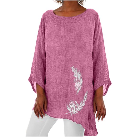 Women's Plus Size 3/4 Sleeve Tees Linen Tops Loose Casual Shirt Boatneck Comfortable Tunic Blouses Oversized Crewneck Sweatshirt