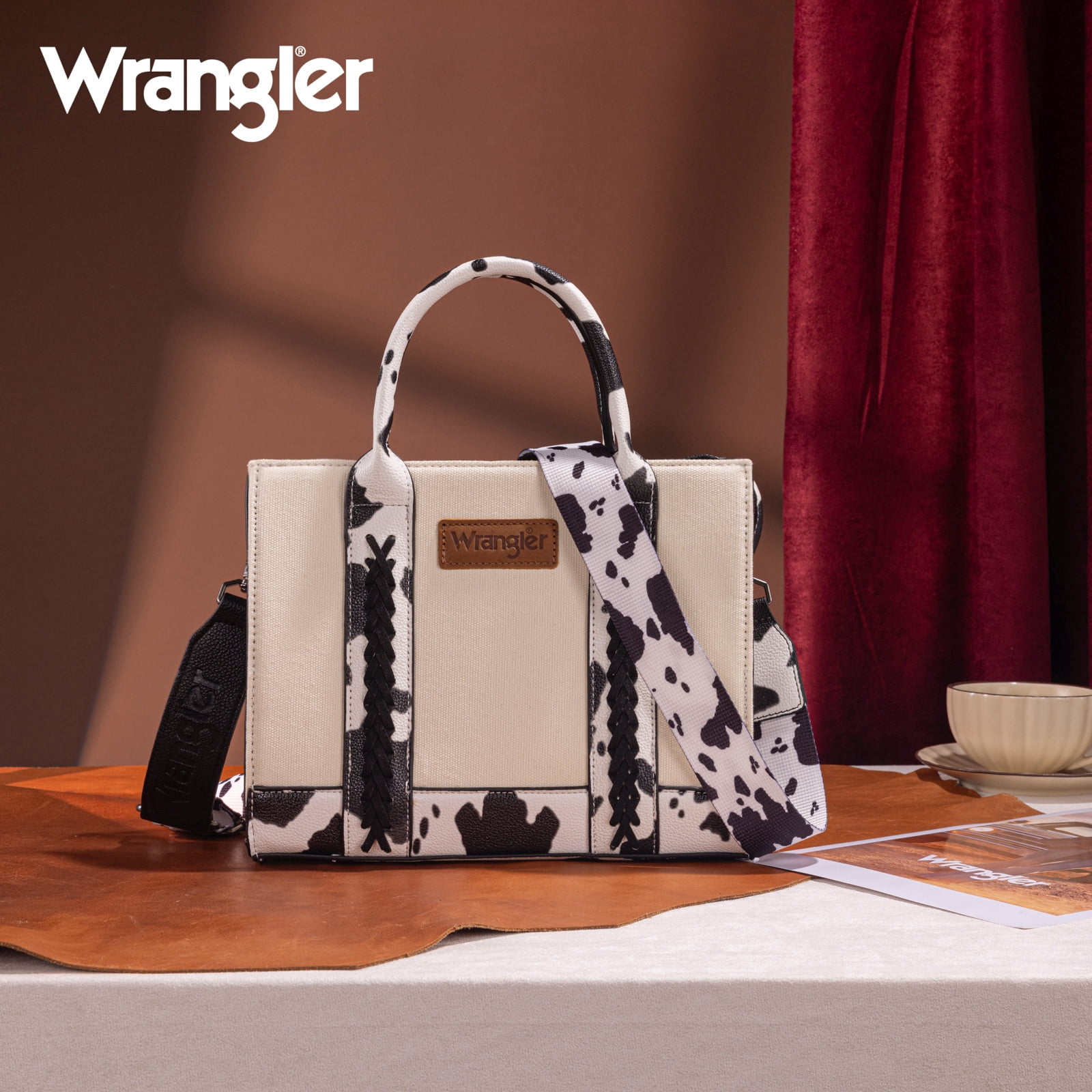 Wrangler Medium Tote Bag for Women Canvas Structured Satchel Purse with Braided Straps Top-handle Handbag with Zipper Pocket, COW-Black