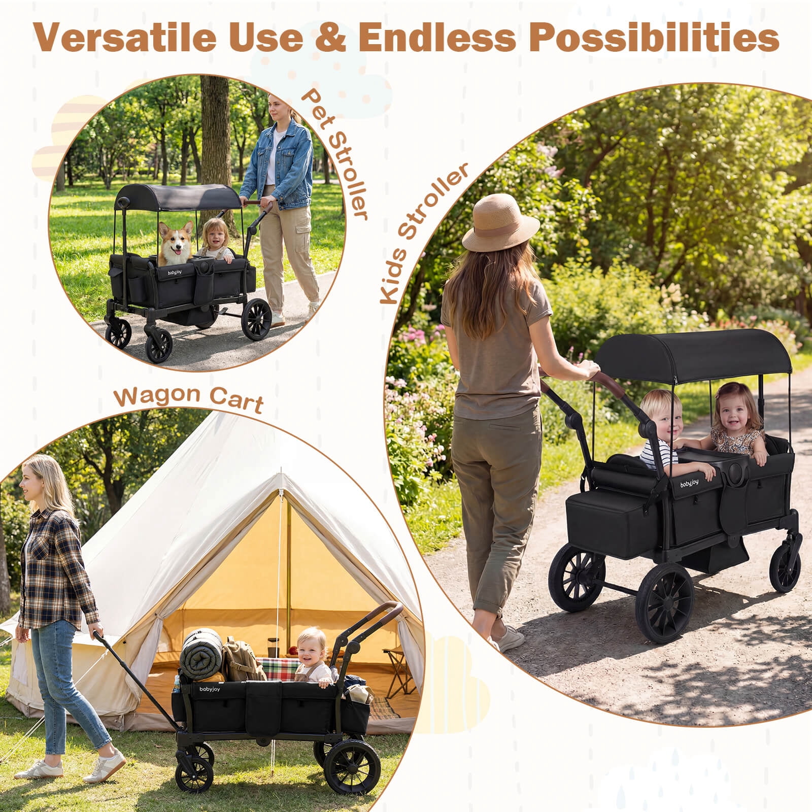Infans Foldable Wagon Stroller for 2 Kids, Double Seater Toddler Stroller w/ Canopy