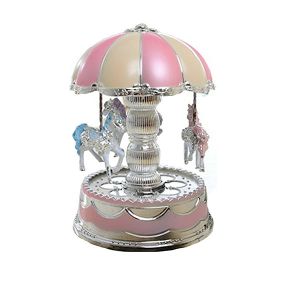 Pink Carousel Music Box with LED Light and 3 Rotating Horses for Romantic Decoration 15.5 x 10.5 x 10.5cm