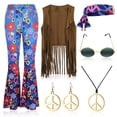 thumbnail image 3 of Disfraz de hippie de los años 70 para mujer, conjunto de accesorios para traje hippie de los años 60 y 70, chaleco con flecos, pantalones acampanados, diadema, pendientes con el signo de la paz, colla, 3 of 8