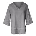 thumbnail image 5 of Linen Shirts for Women 3/4 Length Sleeve V Neck Tunic Tops for Women Flowy Tops for Women Summer Linen Tops Shirts Beach Vacation Tshirts Summer Blouses for Women,Gray,2XL, 5 of 6