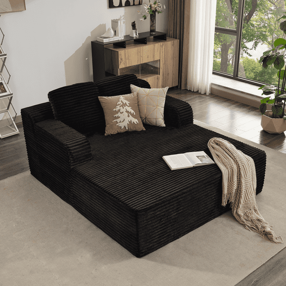 Upholstered Oversized Chaise Lounge, Corduroy Sofa Bed Indoor With Armrests Sleeper Chair Bed For Living Room, Black