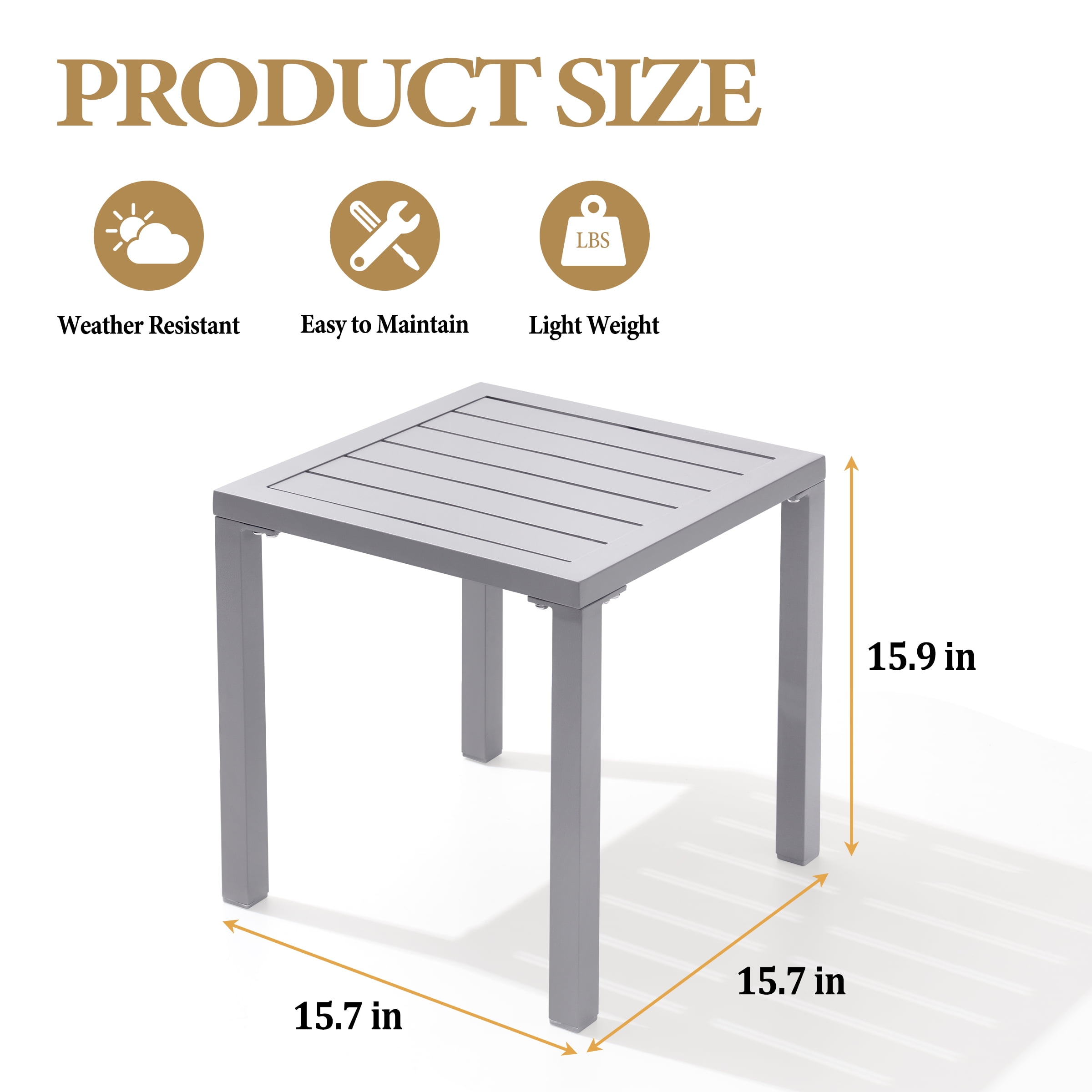 Crestlive Products 2-Pack 15.7" x 15.7" Outdoor Side Table, All-Weather Aluminum Square Patio End Table, Gray
